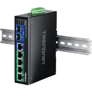 TRENDnet TI-PG62B 7-Port Variable Voltage Switch, 4 Gigabit PoE+, 1 Gigabit, & 2 SFP slots, 14 Gbps switching capacity, DIN-rail/wall mount